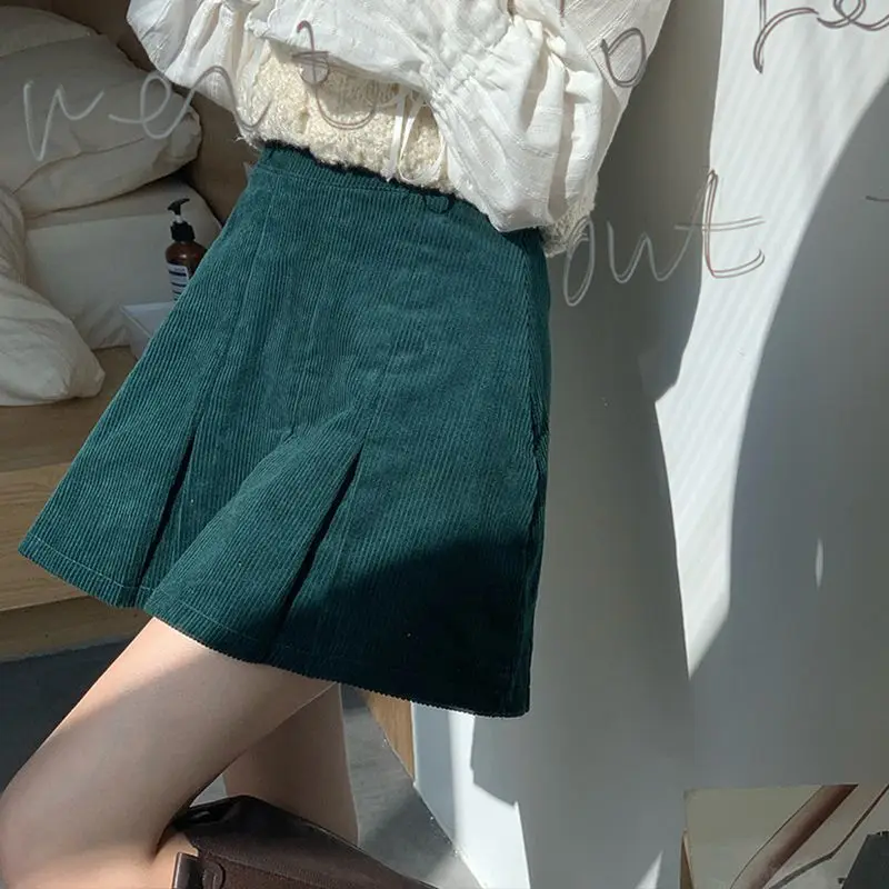 Corduroy  2021 new design sense pleated skirt college style retro high waist thin A-line skirt female  pleated maxi skirt