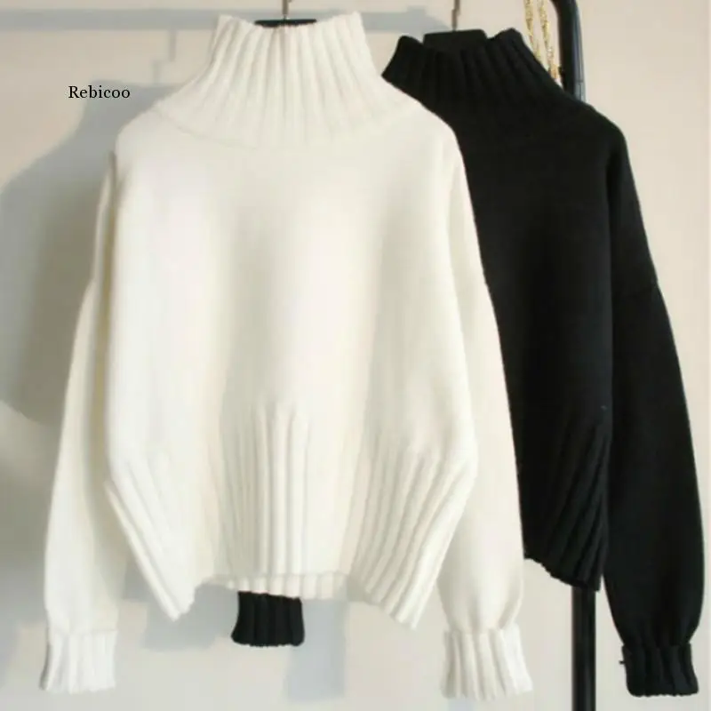 

High Quality Autumn Winter Turtleneck Pullover Sweater Women Knitted Sweaters Jumpers Soft White Black Sweater