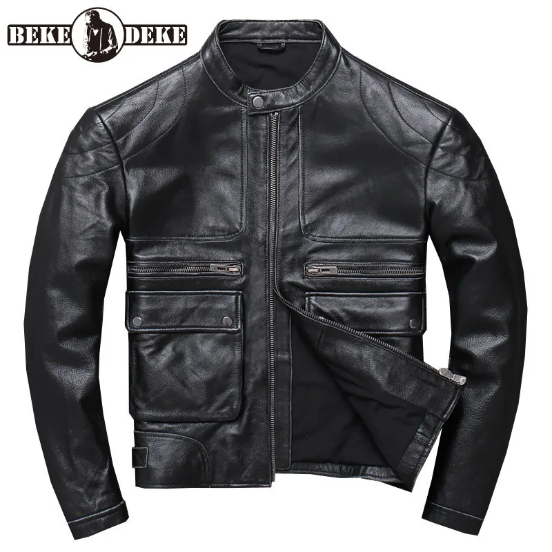 

Genuine Leather Biker Jacket Mens New O-Neck Zippers Pockets Spliced Vintage Casual Korean Style Slim Fashion High Quality Coat