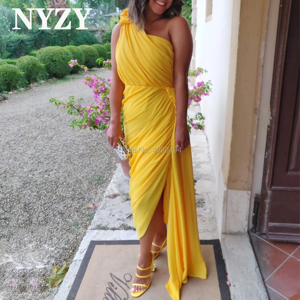 Chiffon Yellow Bridesmaid Dresses NYZY C232 Pleats One Shoulder Formal Dress for Party Prom Cocktail Evening Homecoming