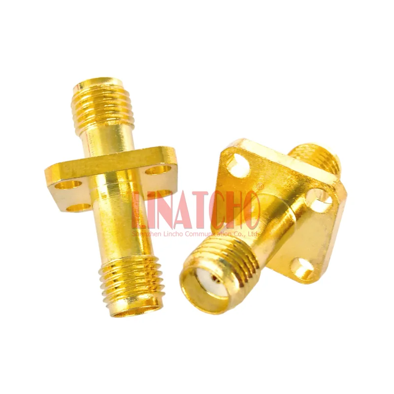 50Ohm Golden Color SMA Female to SMA Female Flange 4 Fixing Holes Connector Adapter