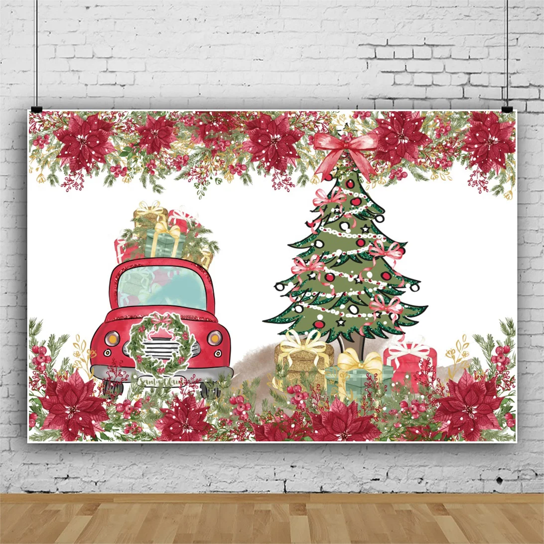 Laeacco Merry Christmas Tree Photo Backdrops Cartoon Printing Car Gift Flowers Child Photocall Background For Photography Banner