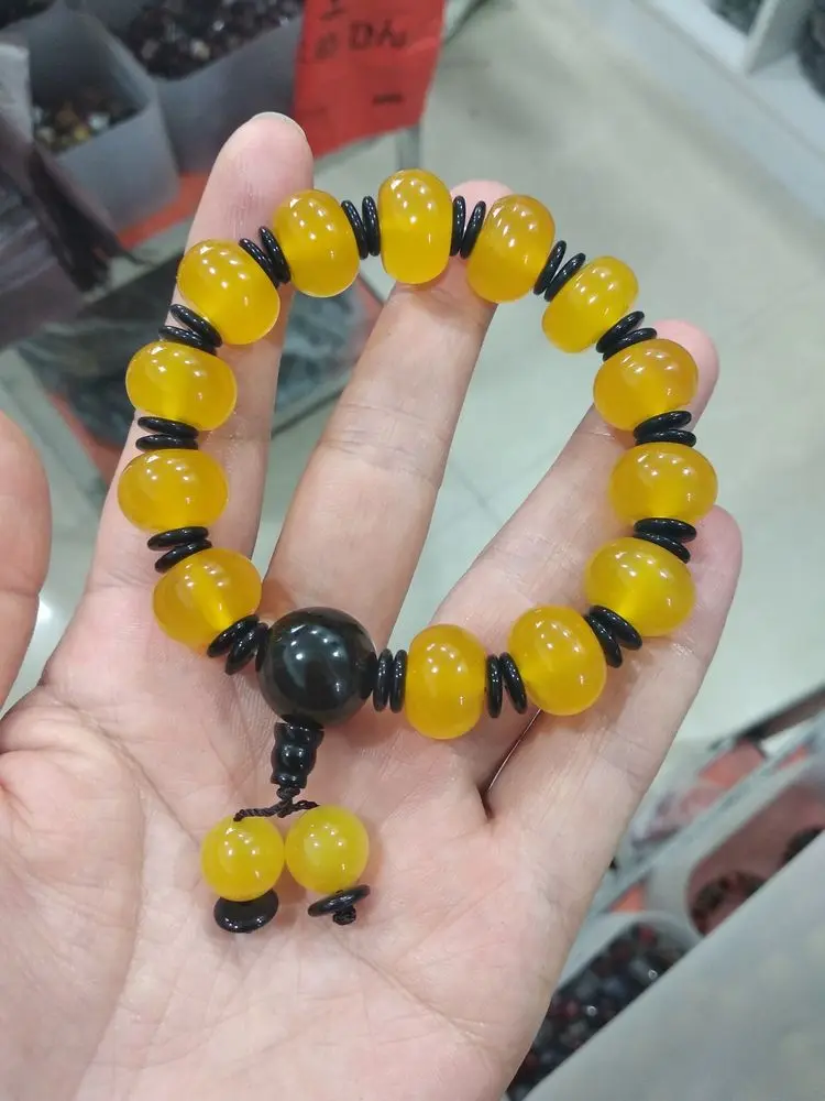 12mm Nature Yellow Jade Mala Bead Bangle Amulet bracelet chalcedony rosary pray churinga