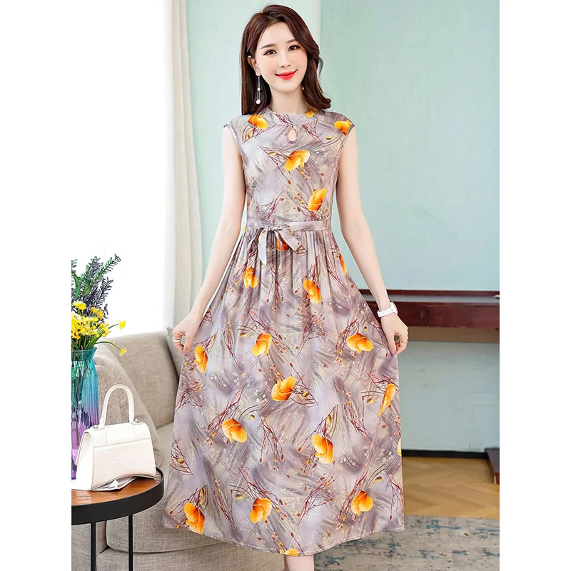 Middle-Aged Mother Summer Women's Dress Printed Sleeveless Cotton Silk Dresses Floral Fashion Long 2022 Female Dresses Size 4XL