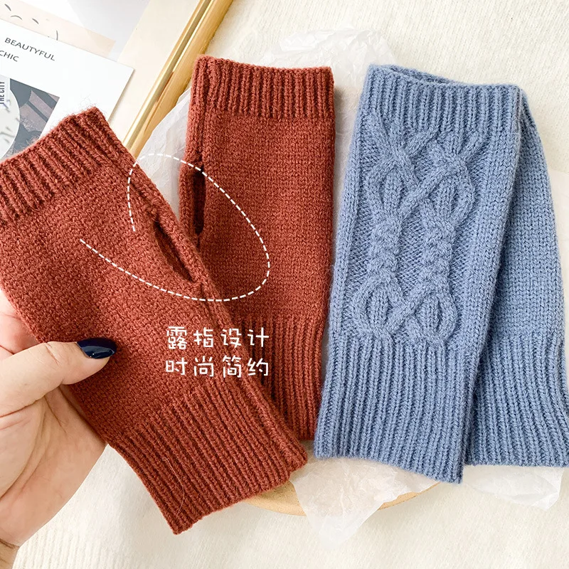 Winter Women Thicken Knitting Wool Half-finger Gloves Cute Lovely Sweety Japanese Style Warm Work Writing Convenient Mittens