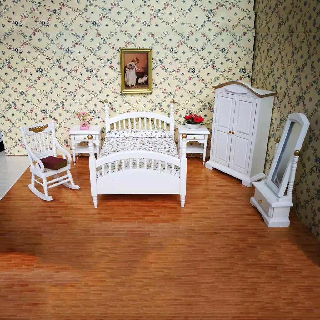 1/12 Dollhouse Miniature เฟอร์นิเจอร์ห้องนอนเตียงตู้เสื้อผ้าข้างเตียงโต๊ะเก้าอี้