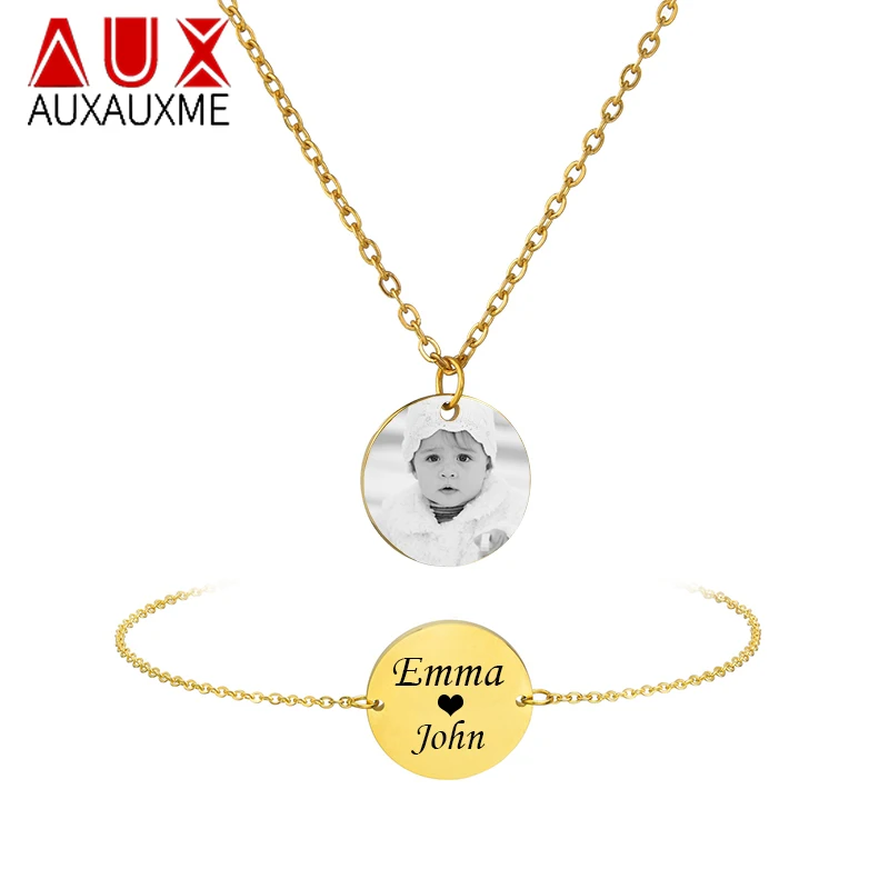 Auxauxme Engraved Photo Date Name Necklace Stainless Steel Custom Women Bracelet for Girlfriend Kids Lover Family Jewelry Set