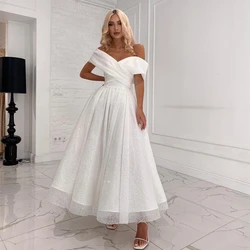 Świecąca suknia ślubna plaża Off The Shoulder księżniczka suknia ślubna brokat-line elegancka krótka Shinny dla damska suknia De Mari