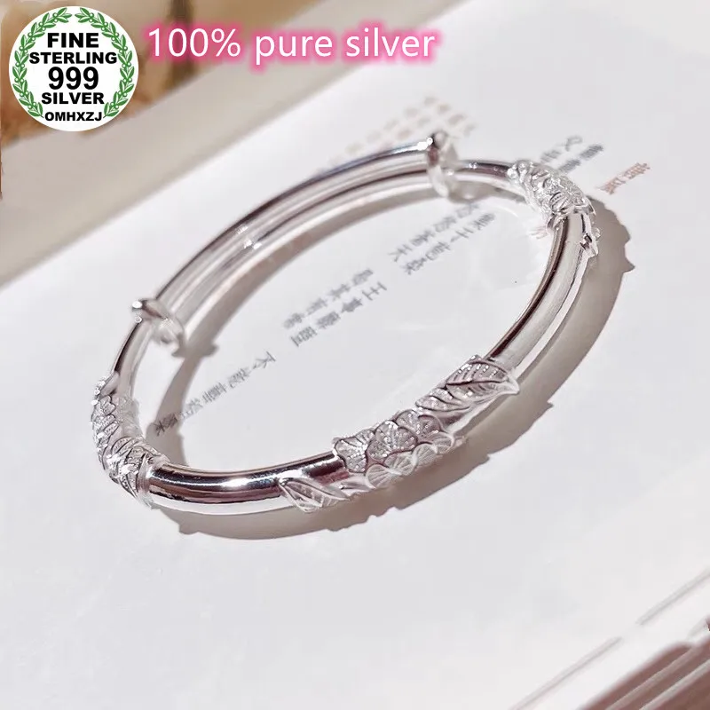 

100% Sterling Silver 999 Silver Bracelet, Floral Texture, Ethnic Style, Push-pull Style Solid Jewelry, Party Engagement Gift 25g