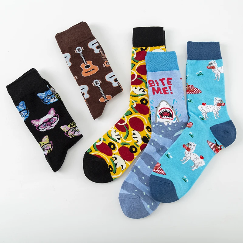 MODA MULAYA Happy Socks Men/Women Color Series Guitar Shark White Alpaca Mushroom Cat Head European Funny Socks Outdoor Sports