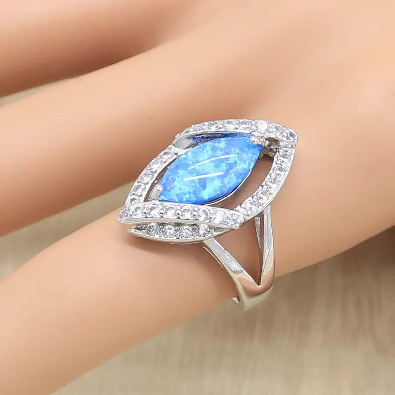 Blue Fire Opal Earrings Necklace Pendant Ring Silver 925 Wedding Jewelry Set for Women Light Blue Crystal Bracelet Gift