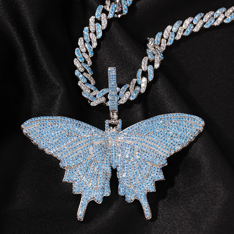 

Blue AAA+ Cubic Zirconia Pave Bling Ice Out Butterfly Pendants Necklaces Tennis Cuban Chain for Men Women Hip Hop Rapper Jewelry