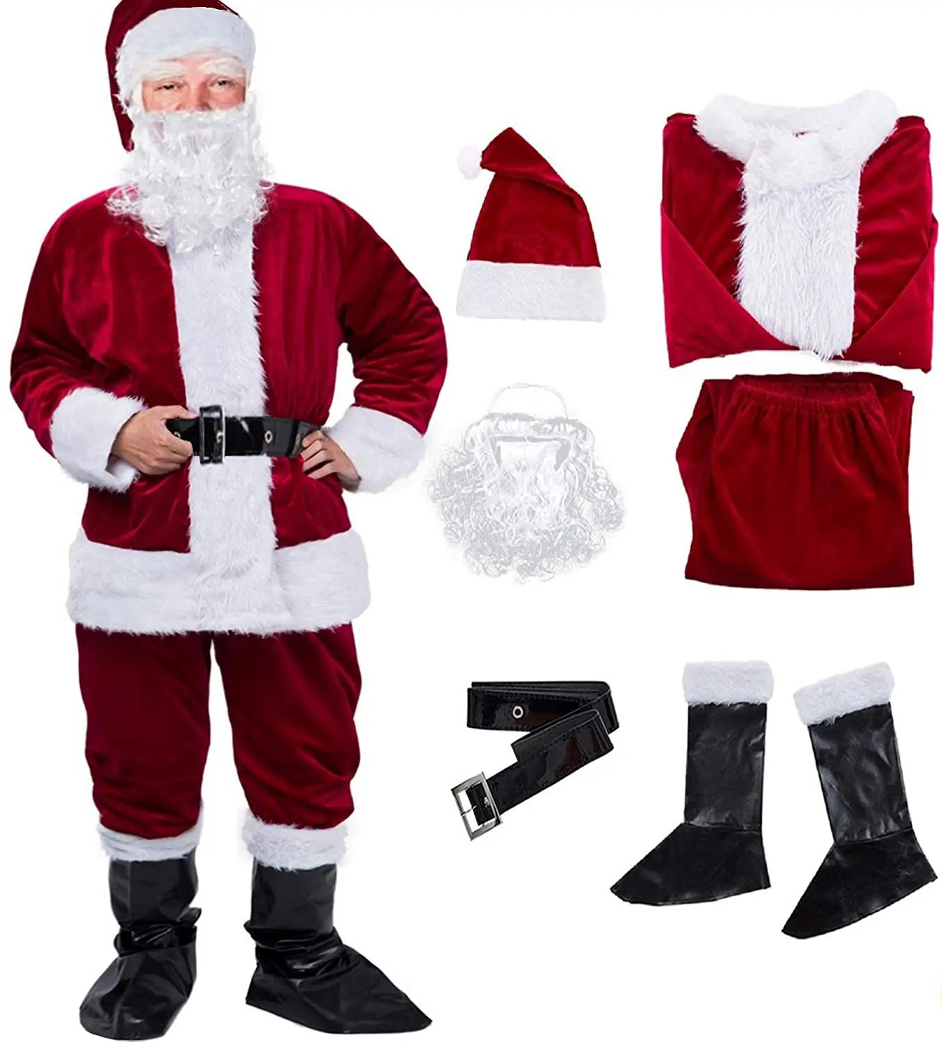 Uomo natale babbo natale Cosplay Costume Festival abiti Set cappotto in peluche in pile rosso + pantaloni + cappello + cintura + barba + scarpe