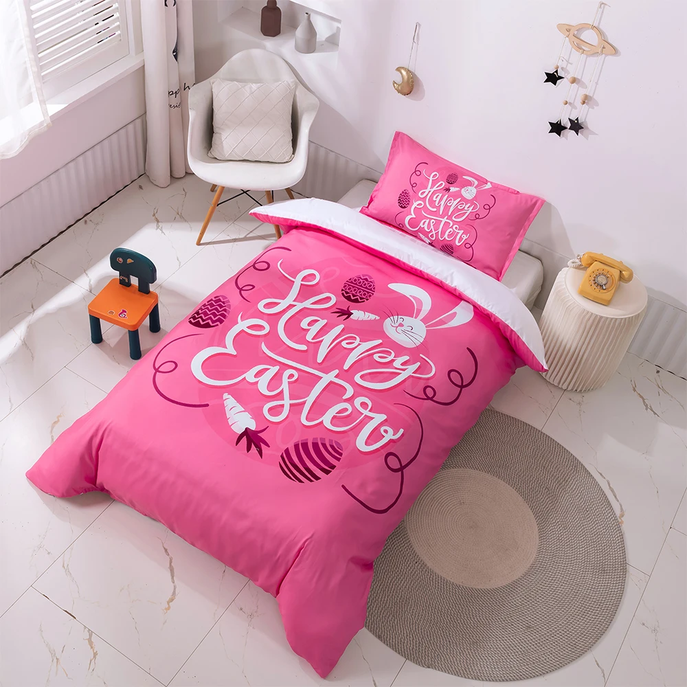 Happy Easter Day Bedding Set Easter Egg Pink  Bunny Duvet Cover for Kids Bed Quilt Cover Bed Set Twin Size Girls Bedroom Decor