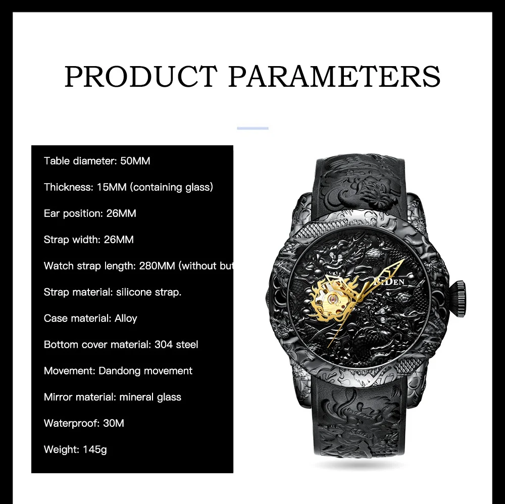 Gold Dragon Sculpture Automatic Mechanical Watches Men Waterproof Silicone Strap Quartz Wristwatch Clock Relojes Hombre