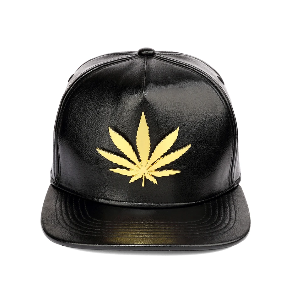 

Maple Leaf Hat Weed Baseball Cap PU Leather Graffiti Hats Adjustable Fashion Hip Hop Flat Baseball Cap Snapback Black