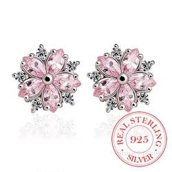 925 Sterling Silver Snowflake Pink Quartz Earrings for Women 925 Silver Jewelry Cute Stud Earring Engagement Party Jewellery