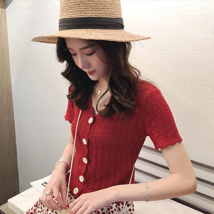 

Blouse Women Casual Hollow-out Ice Silk Sweater Women's Short V-neck Short-Sleeved Top Blusas Ropa De Mujer
