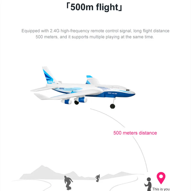 Planeur électrique RC à aile fixe de 40CM, 2.4G, Distance de contrôle de 500M, modèle d'avion RC, jouet en mousse résistant aux chutes pour enfants et garçons