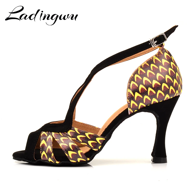 Ladingwu-Chaussures de danse latine en cuir imprimé africain pour femmes, sandales de salsa professionnelles, salle de Rh, 9cm