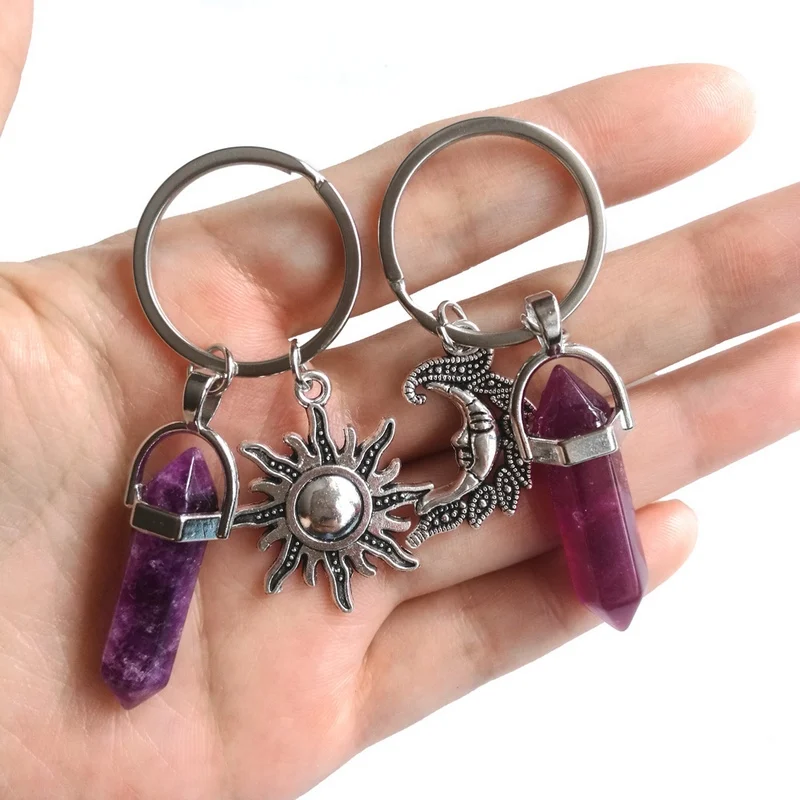Natural Stone Hexagonal Column Couple Keychain Women Opal Quartz Key Chains With Sun Moon Trinket Wedding Party Lovers Gift