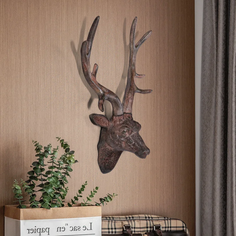 

3D Deer Wall Hanging Decor Sculpture Retro Long Horn Buck Animal Head Resin Statue Living Room Home Christmas Decoration Crafts