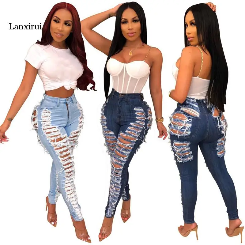 

High Street Ripped Hole Jeans Women's Destroyed High Waist Distressed Slim Denim Jeans Sexy Skinny Pencil Pants Summer Pants