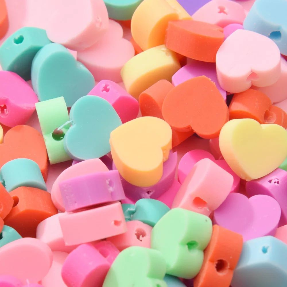 Potosala 100Pcs Heart Shape Polymer Clay Beads Candy Color Love Perforated Loose Beads DIY Handmade Beaded Jewelry Accessories