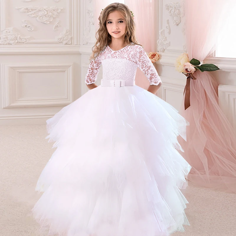 Kids White Bridesmaid Dress For Girls Children Costume Dress Long Sleeve Princess Dresses Vestido Flower Girl Party 10 12Y