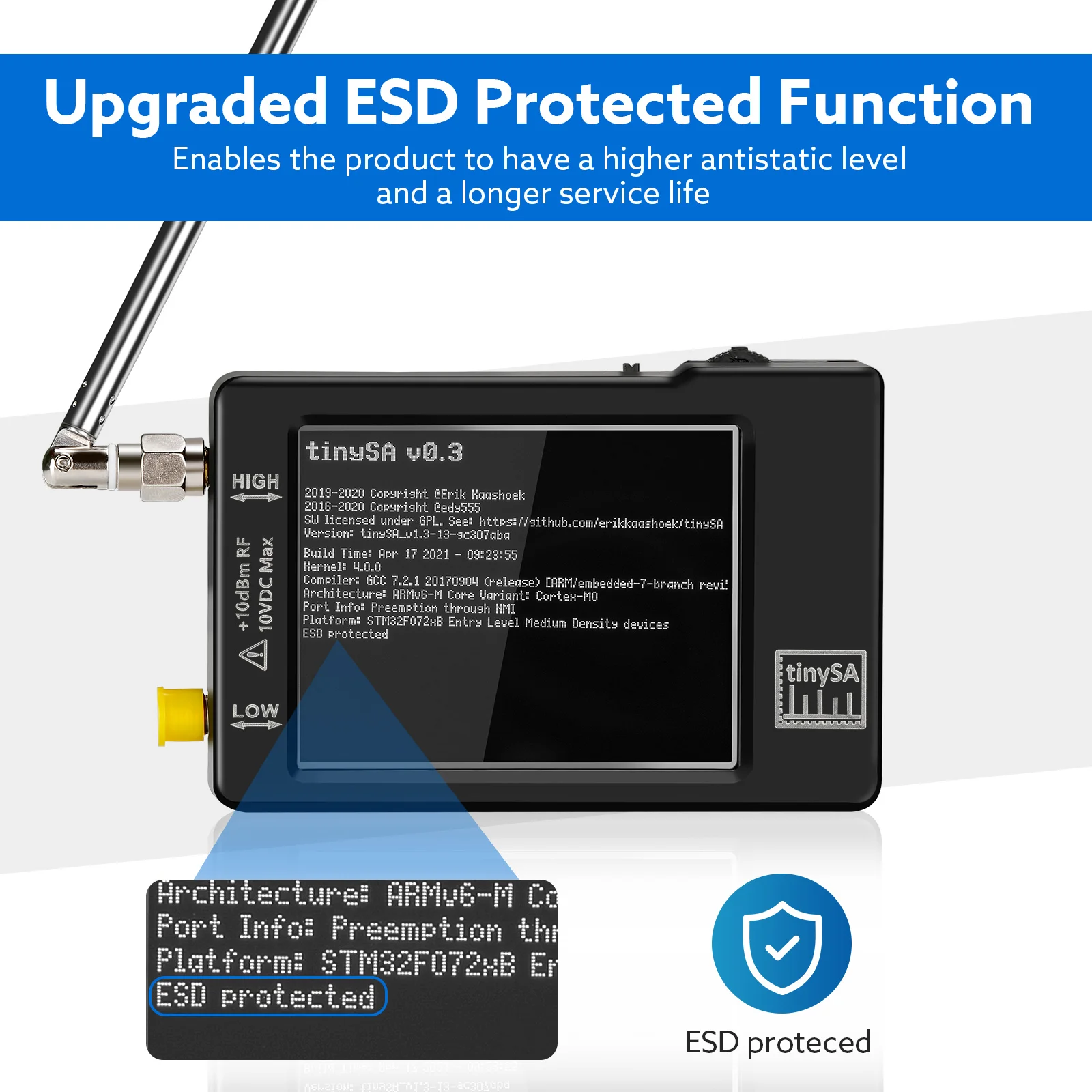 

Upgraded Hand tiny Spectrum analyzer TinySA 2.8" display 100kHz to 960MHz with ESD proteced Version V0.3.1_E Spectrum Analyzers