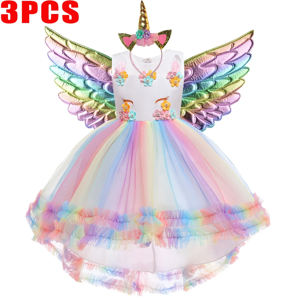 Fluffy Rainbow Unicorn Party Dress For Girl Colorful Flower Tulle Wedding Princess Dresses Birthday Prom Cosplay Costume Vestido