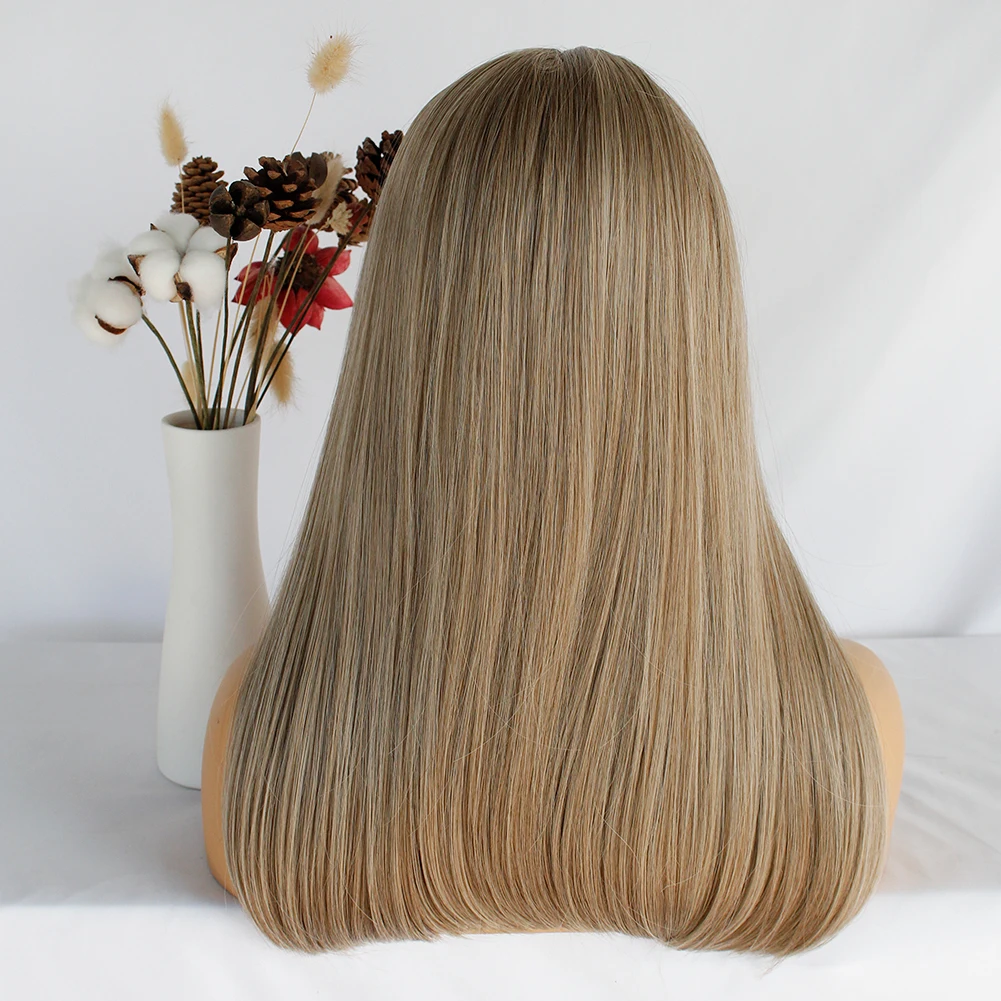 Perruque synthétique avec frange – Anogol, perruque avec racine foncée, couleur ombrée Blonde naturelle, cheveux résistants à la chaleur pour femmes