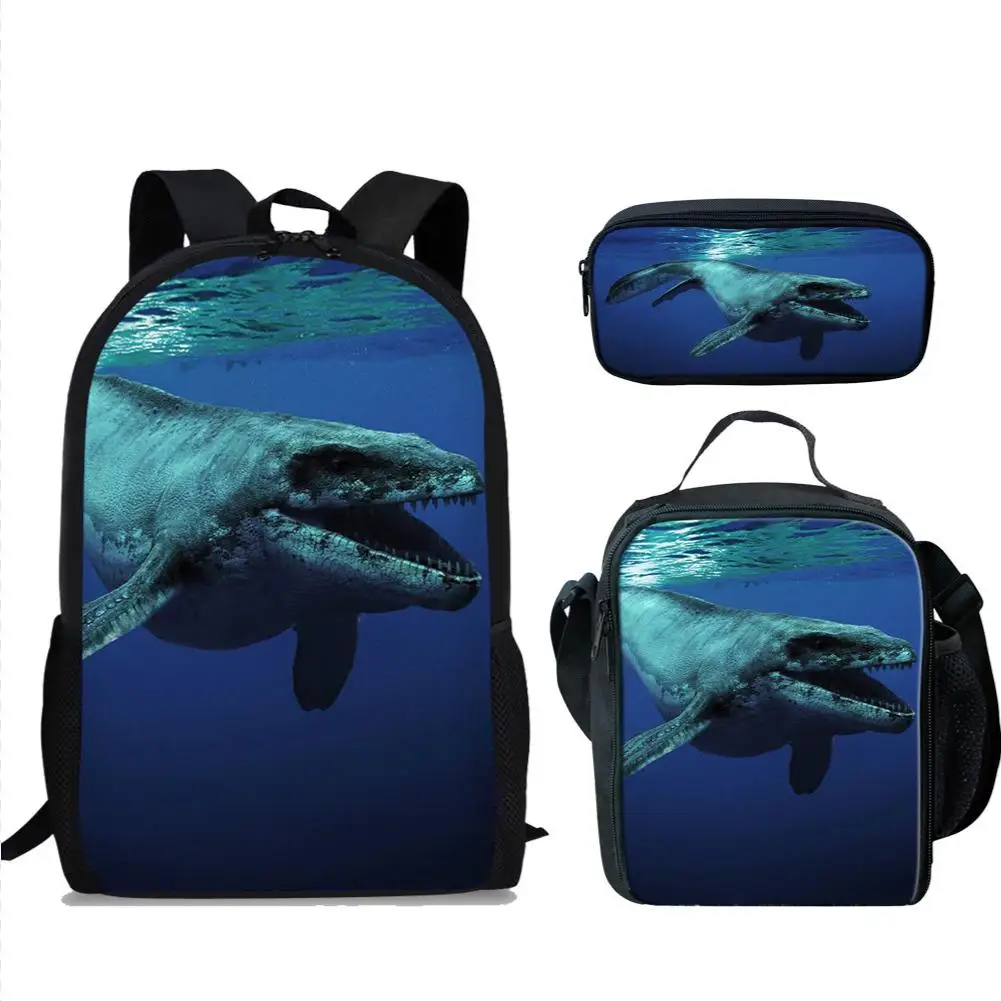 Cool Mosasaurus Dinosaur 3D Print School Bag Set/3Pcs for Teenage Boys Children Kids Daily Book Bags Students Mochilas