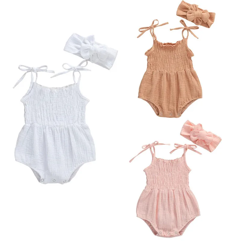 

Lioraitiin Summer Infant Newborn Baby Girls Romper Sleeveless Solid Cotton Linen Jumpsuit Strap Jumpsuits Headband 2Pcs Clothing