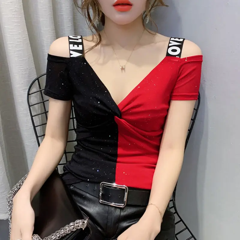 Latin Top Women Sexy V-neck Strapless Short-sleeved Women's Summer 2021 New Slim Slimming Suspender Stitching T-shirt Costume