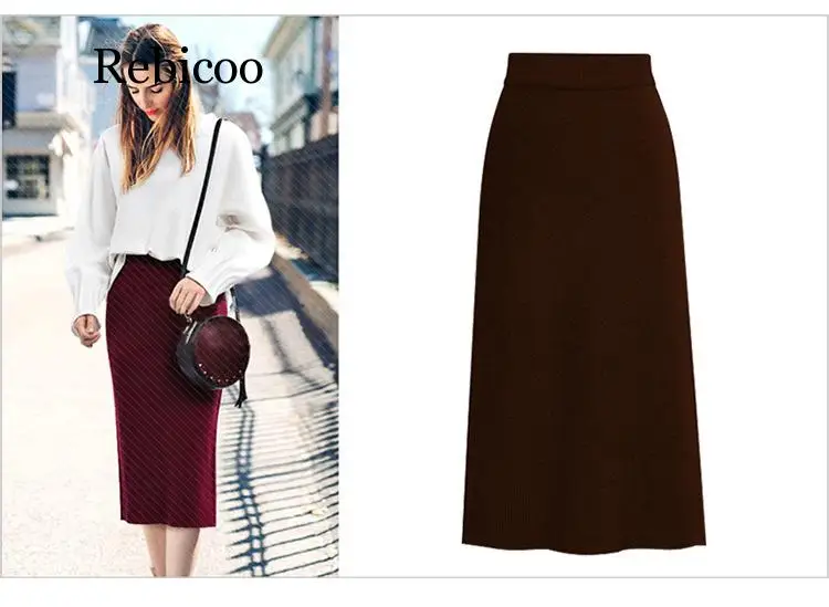 

M-6XL Winter Knitted Bodycon Pencil Skirt High Waist Skirts Womens Streetwear Split Long Skirt Female Faldas Mujer