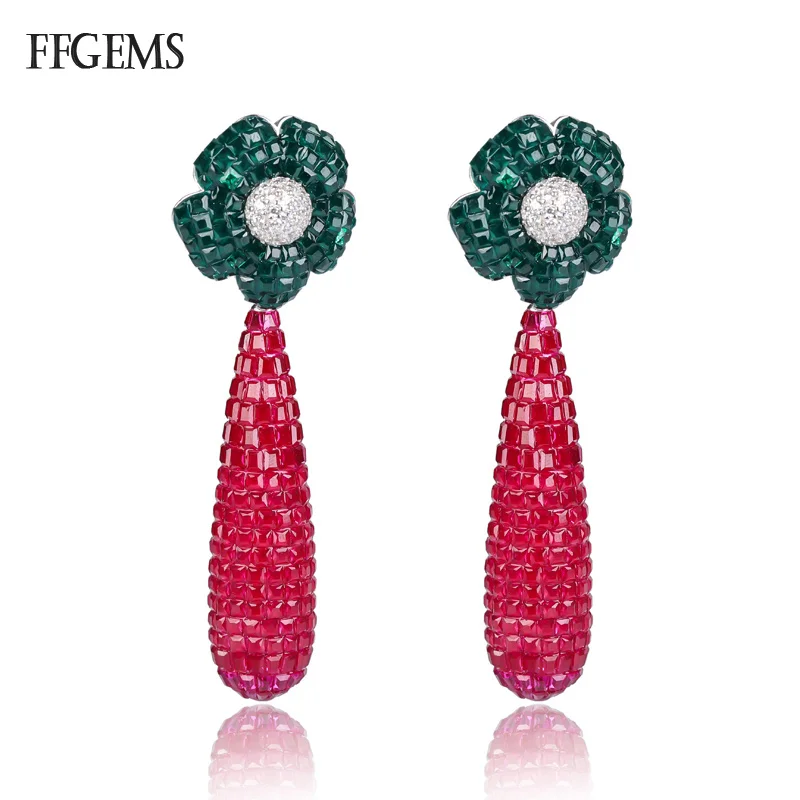 FFGems New Design 925 Silver Drop Big Earring Flower Created Nano Ruby Emerald Invisible Fine Jewelry Women Wedding Party Gift