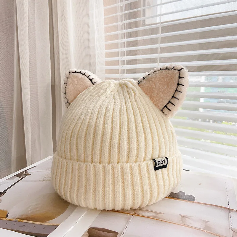 Cute Hat With Ears Warm Female Cap Knitted Winter Cat Skullies Hat Winter 2024 Woman Outdoor Beanies Hat Panama Lady Cap 019