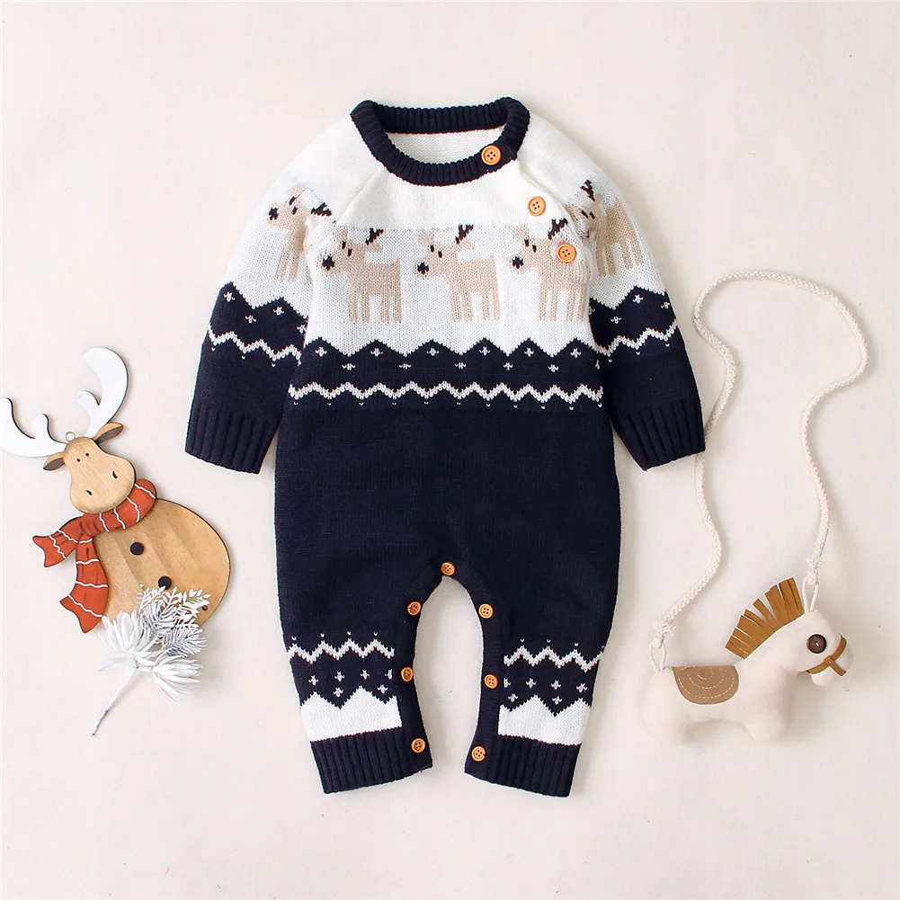 2020 Baby Boys Girls Sweater Christmas Clothes Romper Reindeer Long Sleeve Elk Printed Jumpsuit New Year\'s Costume 3-18 M