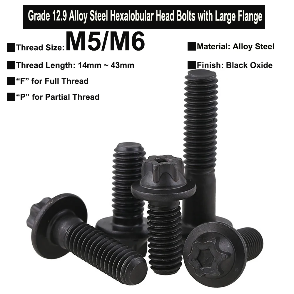 5 шт., шестигранные болты M5 M6 класса 12,9 из легированной стали с большим фланцем, полностью Резьбовая и частично Резьбовая DIN34801