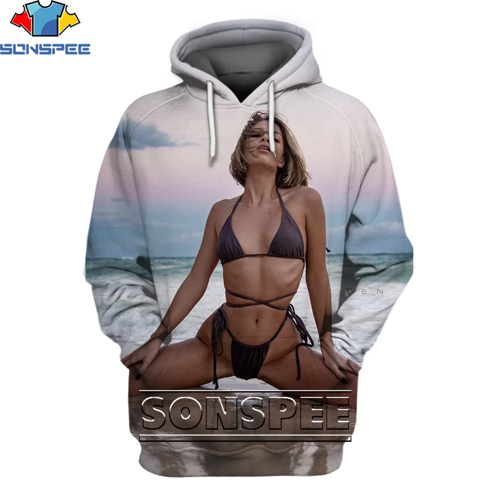 

SONSPEE 3D Beach Sexy Beauty Bikini Print Hoodie Unisex Otaku Beach Bare Temptation Swimming Goddess Loose Oversized Clothing