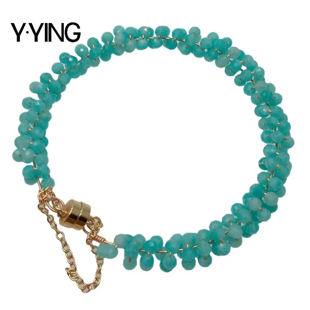 Y·YING classic style Natural 4mm faceted  round Blue Peruvian Amazonite Bracelet magnet clasp for women