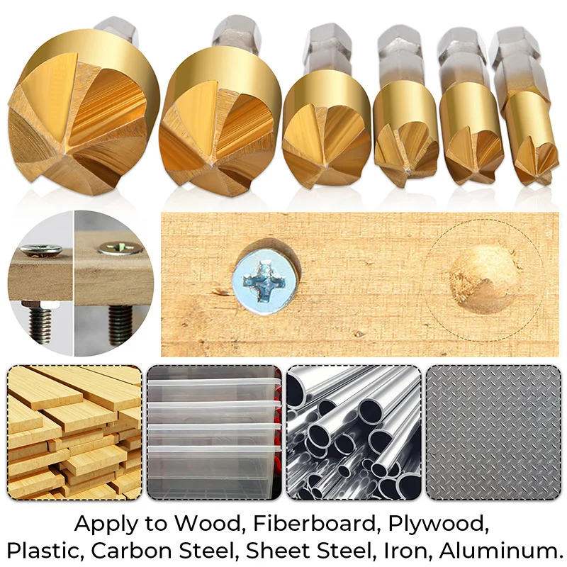 6 STÜCKE 5 Flöte Fase Senker 1/4 "Sechskantschaft HSS 90 Grad Holz Anfasen Cutter Fase 6mm-19mm Senker Bohrer