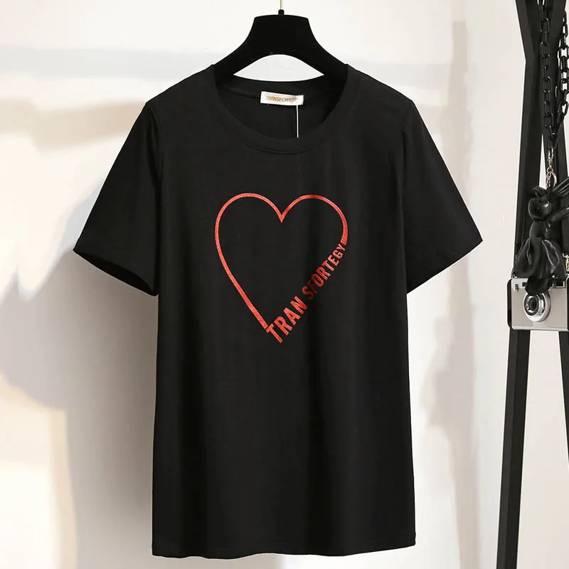 150Kg Plus Size Women\'s Summer Loose Cotton Printing T-Shirt Bust 150cm 5XL 6XL 7XL 8XL 9XL Short-Sleeved O-Neck Top Black Red