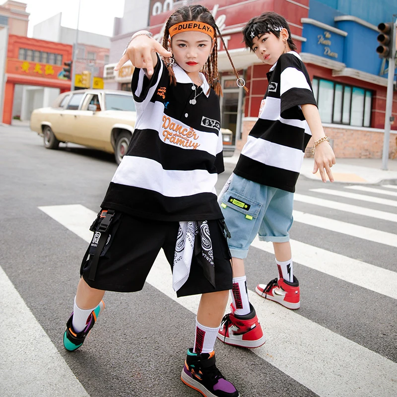 Kids Jazz Dance Costumes For Boys Short Sleeved Loose Shorts Girls Hip Hop Dance Clothes Child Street Dance Outfits SL4850