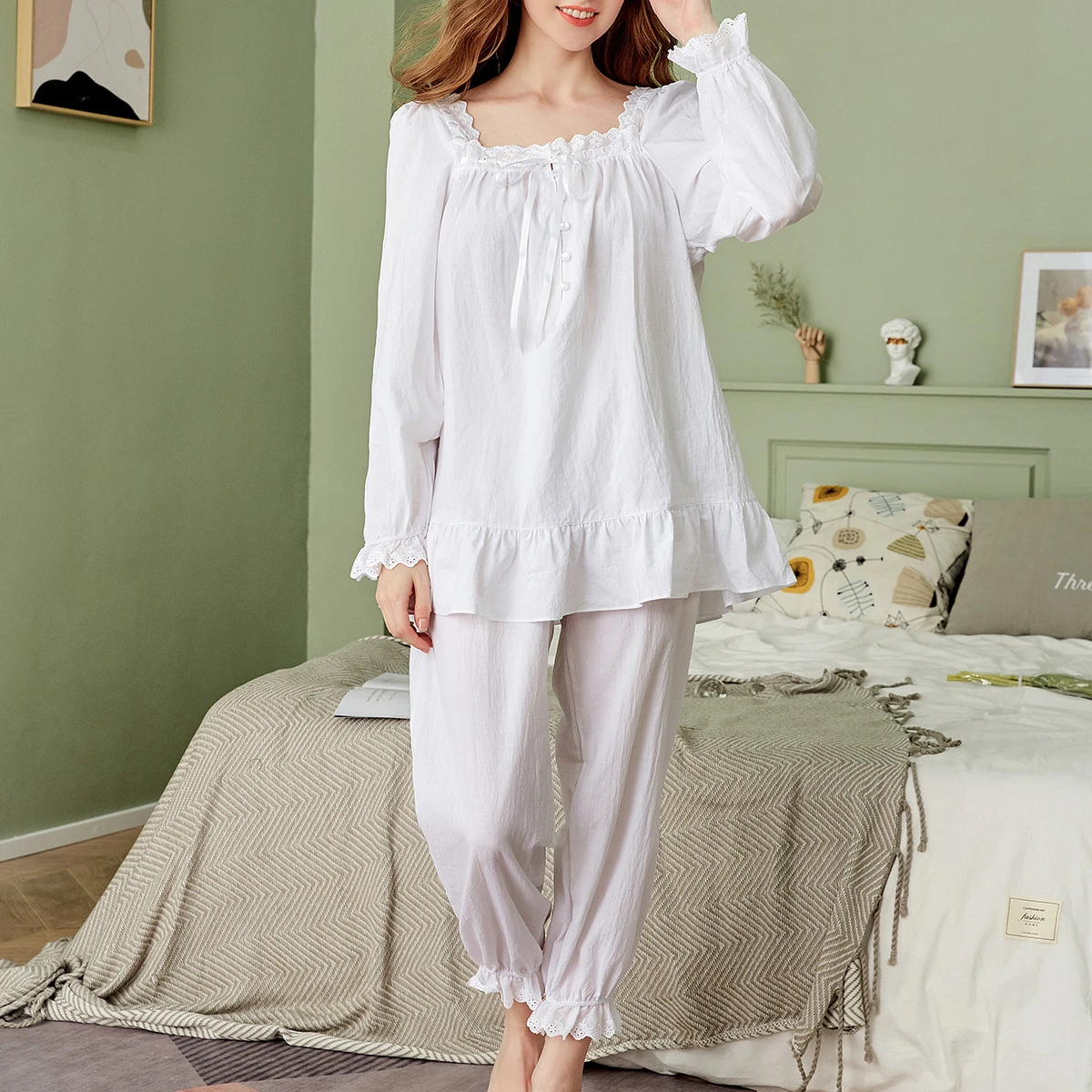 Pure Cotton Pajamas Sets Women White Vintage Lace Square Collar Long Sleeve Sleep Tops Bottoms Bloomers Pants Princess Sleepwear