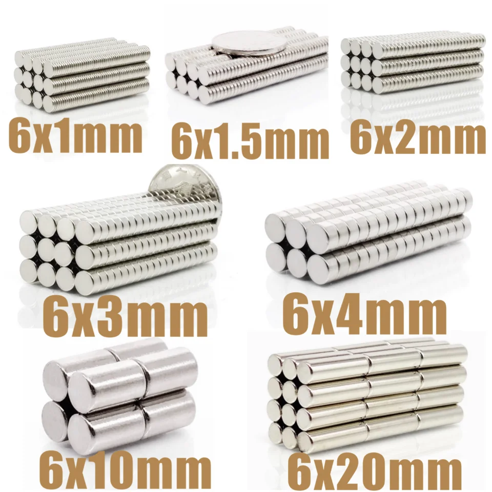 20~1000Pcs N35 Round Magnet 6x1 6x2 6x3 6x4 6x10 6x20 6x1.5 Neodymium Magnet Permanent NdFeB Super Strong Powerful Magnets 6*20