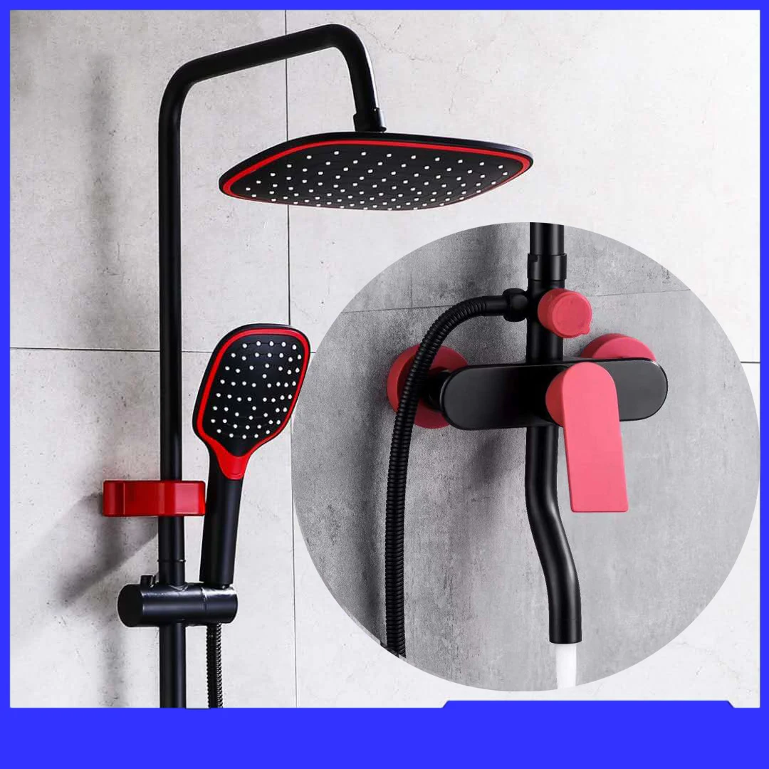 Rode Badkamer Douche Set Van Mode Rood Zwart Badkamer Douche Systeem Messing Bad Kranen Regendouche Rode Douche Set