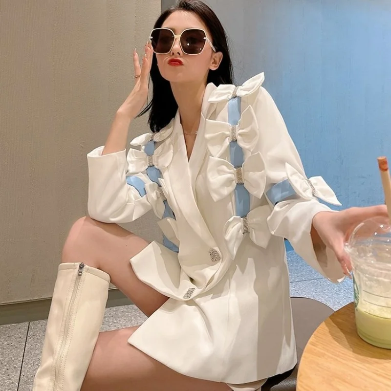 Blazer Fashion Women Autumn New Lady Bow White Suit Jacket Streetwear Single Breasted Party Full Sleeve Outerwear Female S-2XL