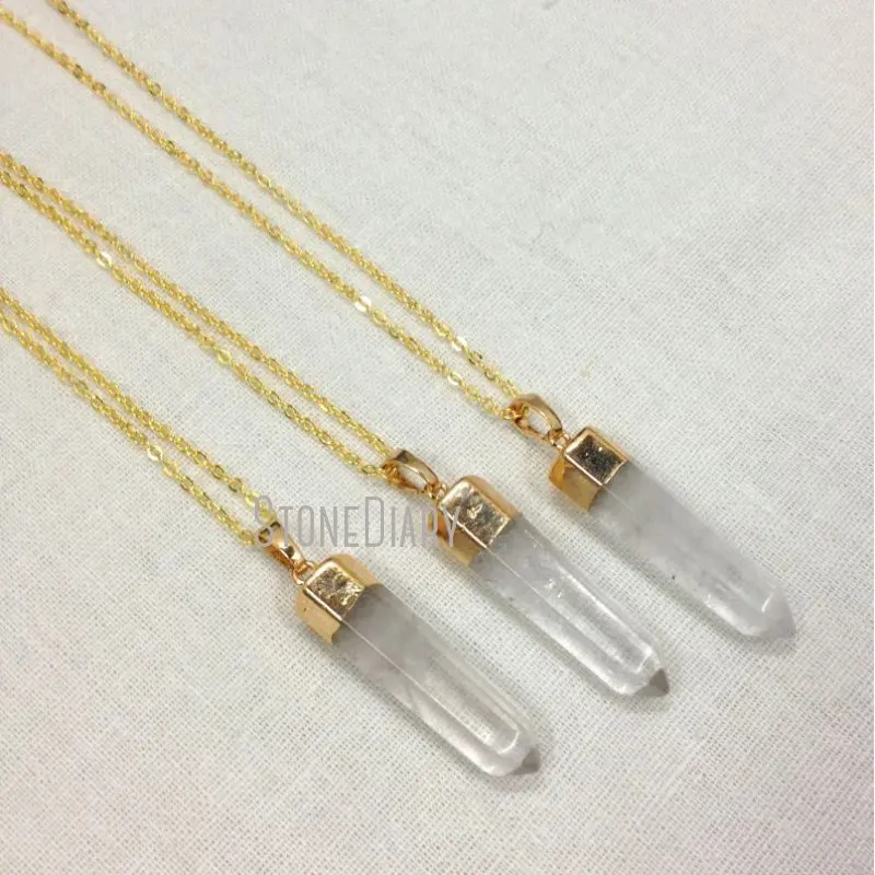 

NM12225 Clear Crystal Quartz Crystal Gold Color Hexagonal Prisms Chain Necklace 18inch-32inch